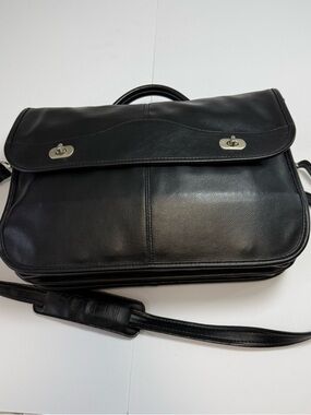 SOREN Black Leather Messenger Bag Briefcase Laptop Crossbody Work Bag EUC